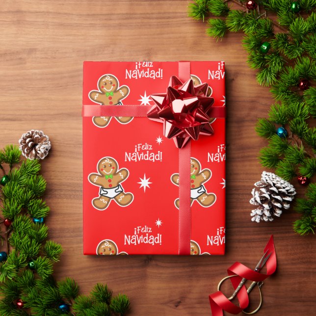 Papier Cadeau ¡Feliz Navidad ! Bébé pain d'épice sur le rouge -  (Cadeau de vacances)