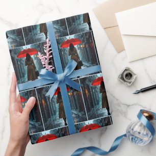 Papier Cadeau Femme avec un parapluie rouge et une mallette