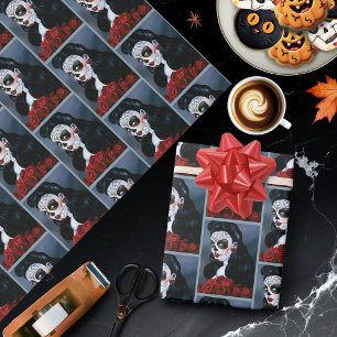 Papier Cadeau Femme Élégante aux Roses Rouges Crâne de Sucre Got