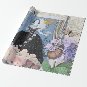Papier Cadeau Femme élégante bleue Robe florale fantaisie 