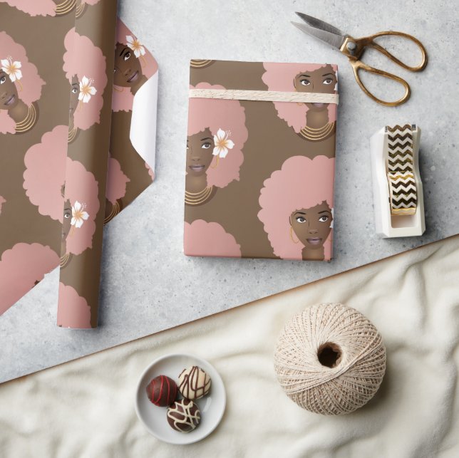 Papier Cadeau Femme noire, Afro rose avec Fleur, Brown (Artisanat)