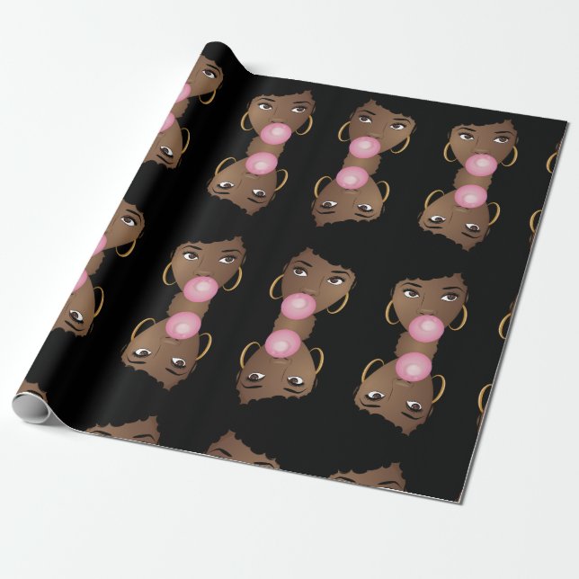 Papier Cadeau Femme noire, Bubblegum rose (Déroulé)