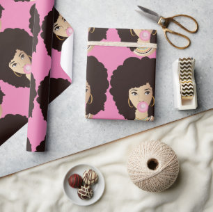 Papier Cadeau Femme noire, Cheveux naturels, Bubblegum rose, Ros