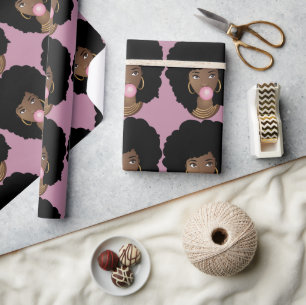 Papier Cadeau Femme noire, gomme à bulle rose croustillante, vi