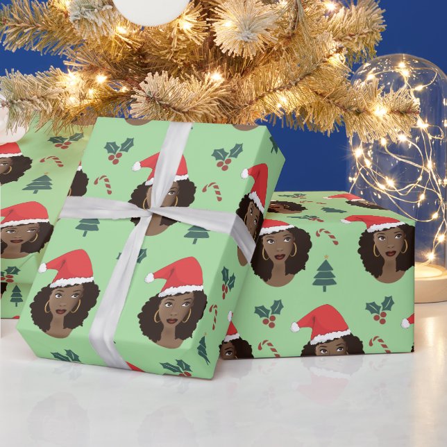 Papier Cadeau Femme noire, Santa Hat, Motif de Noël Vert (Vacances)
