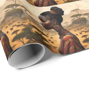 Papier Cadeau Femme Tribale Qui Regarde Son Paysage Africain,