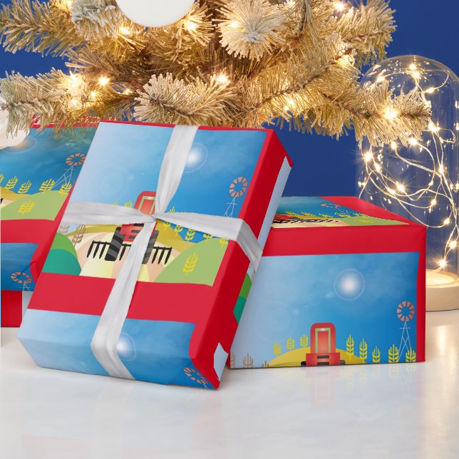 Papier Cadeau Ferme avec     tracteur rougePapier d'enveloppemen (Vacances)