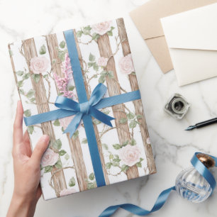 Papier Cadeau Ferme Bois rose Floral Pays Anniversaire