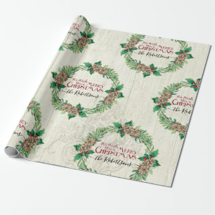 Papier Cadeau Ferme Famille Joyeux Noël Wreath Pine Cone