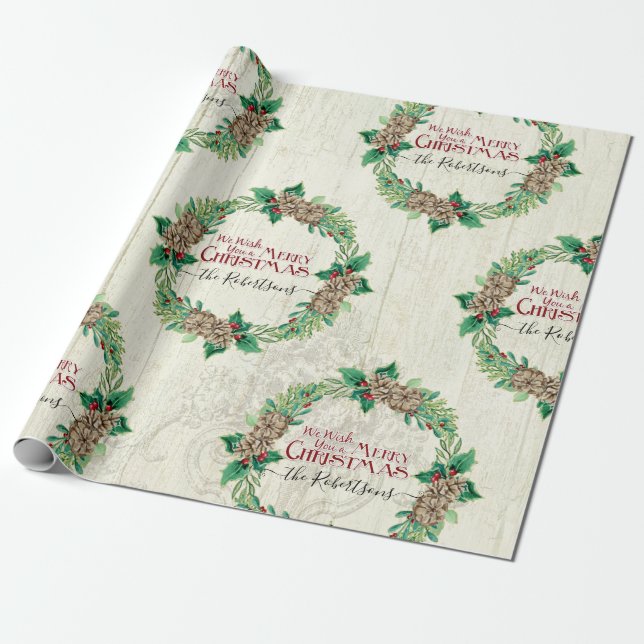 Papier Cadeau Ferme Famille Joyeux Noël Wreath Pine Cone (Déroulé)