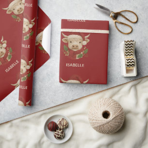 Papier Cadeau Ferme rustique Highland Cow avec Santa Hat