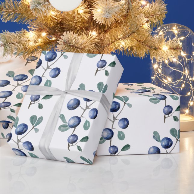 Papier Cadeau Festif Aquarelle Baies Bleues de Noël (Vacances)