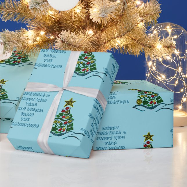 Papier Cadeau Festif Arbre de l'Artisanat sur Noël bleu pâle (Vacances)
