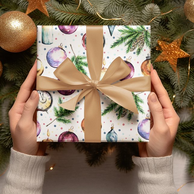 Papier Cadeau Festif Bauble Aquarelle Noël (Créateur téléchargé)