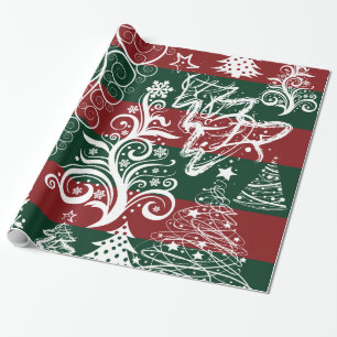 Papier Cadeau Festif de Noël Arbre rouge vert rayé