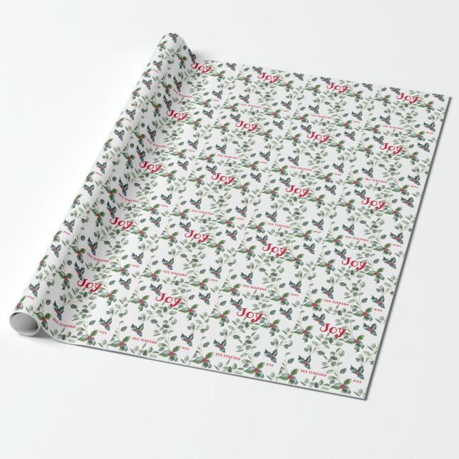 Papier Cadeau Festif de Noël Holly Berry Joy Holiday Monogramme (Déroulé)