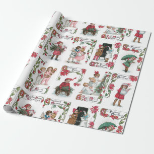 Papier Cadeau Festif Enfants victoriens avec voeux de Noël