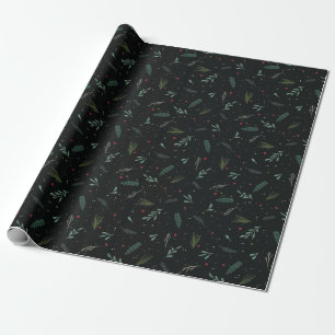 Papier Cadeau Festif Feuilles de Noël Berries Botanical Black