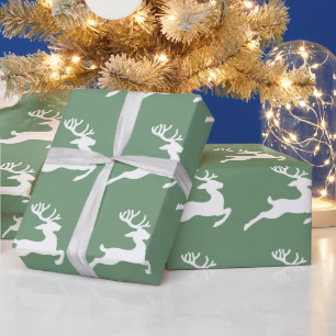 Papier Cadeau Festif Green Motif de cerfs blancs Noël