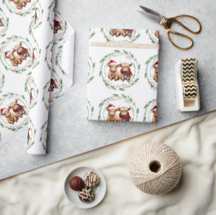 Papier Cadeau Festif Highland Cow Farm Animaux Joyeux Noël