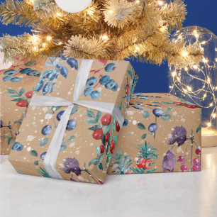 Papier Cadeau Festif Moderne Aquarelle Berries à neige Kraft