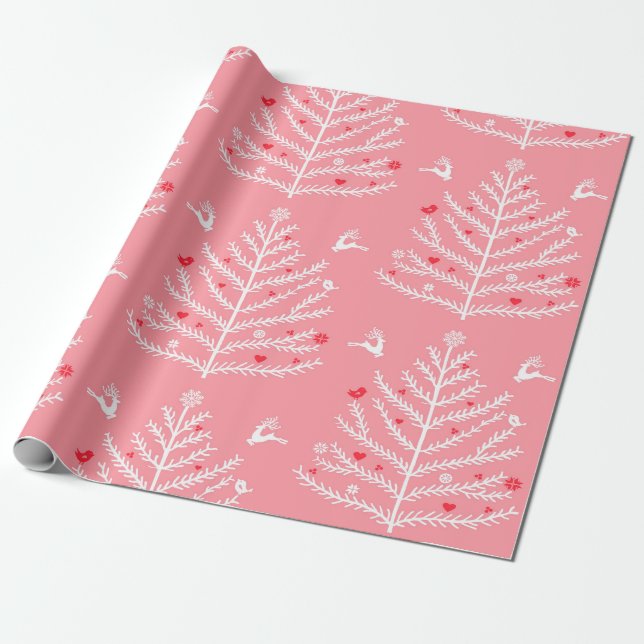 Papier Cadeau Festif moderne Nordic Christmas Tree Cerf rose (Déroulé)