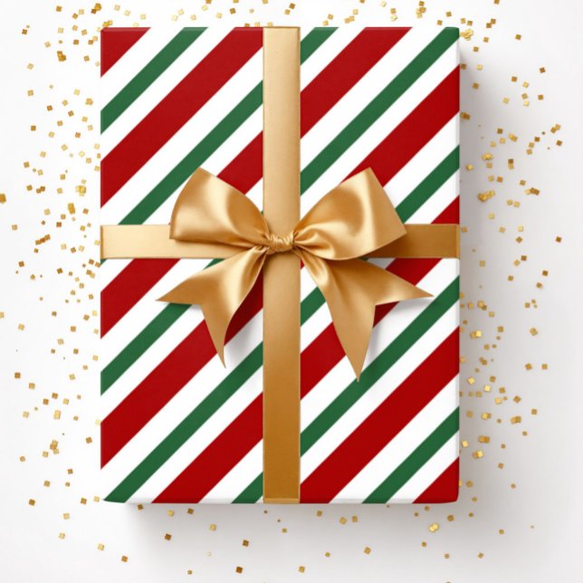 Papier Cadeau Festif moderne Rouge Vert rayures Noël (Christmas Red Green White Stripes Pattern Wrapping )