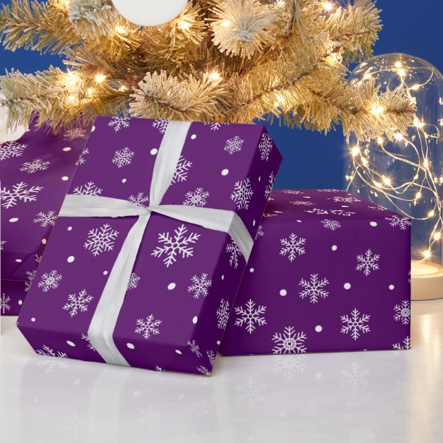 Papier Cadeau Festif Noël violet et flocons de neige blancs (Vacances)