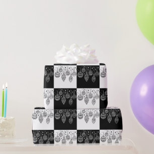 Papier Cadeau Festif Noir et Blanc Noël Baubles