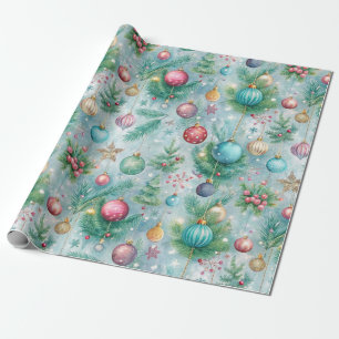 Papier Cadeau Festif Pastel Arbre de Noël Ornament Holly Berry