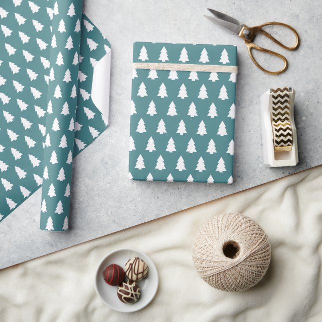 Papier Cadeau Festif Turquoise Bleu Blanc Arbre de Noël motif (Artisanat)