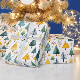 Papier Cadeau Festive Arbres de Noël Jaunes et verts