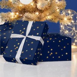 Papier Cadeau Festive Blue & Sparkly Gold Stars