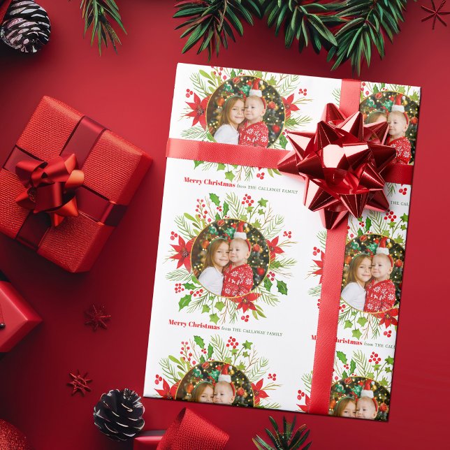 Papier Cadeau Festive Christmas Red Poinsettia Custom Photo (Créateur téléchargé)