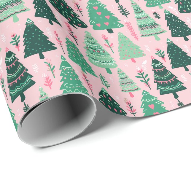 Papier Cadeau Festive Cozy Trees Holiday Christmas (Coin rond)