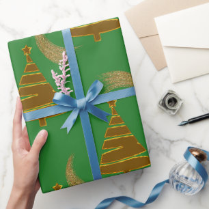 Papier Cadeau Festive Golden Trees sur Green Christmas