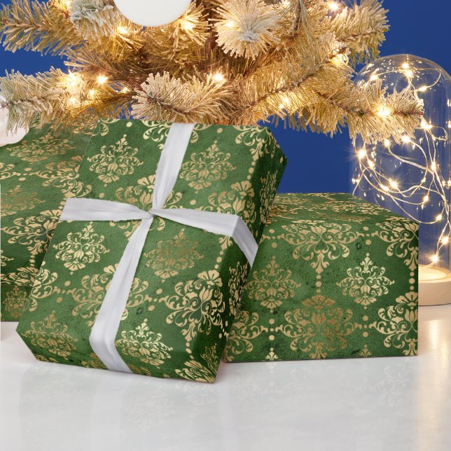 Papier Cadeau Festive Green & Gold Foil hiver Noël Damas (Vacances)