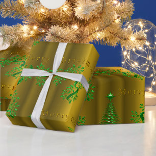 Papier Cadeau Festive Green Trimmings sur Gold Christmas