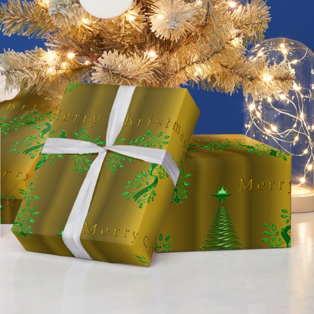 Papier Cadeau Festive Green Trimmings sur Gold Christmas (Vacances)