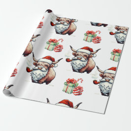 Papier Cadeau Festive Highland Cow Père Noël Noël