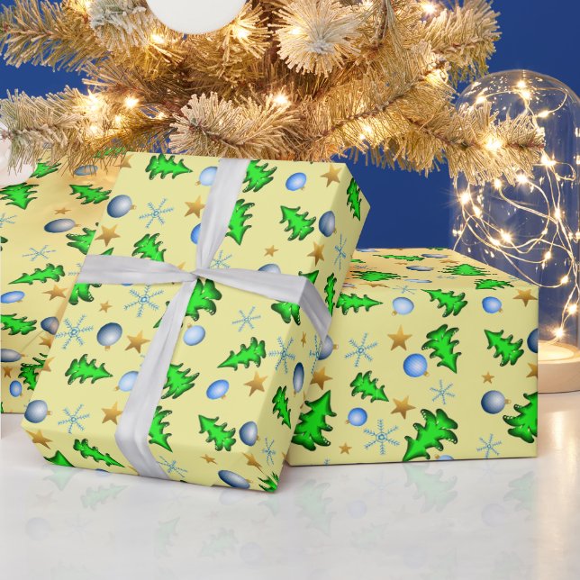 Papier Cadeau Festive Jaune avec les symboles de Noël (Vacances)