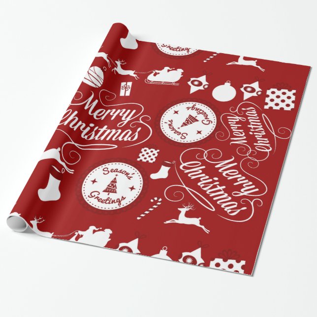 Papier Cadeau Festive Joyeux Noël Rouge papier d'enveloppement (Déroulé)