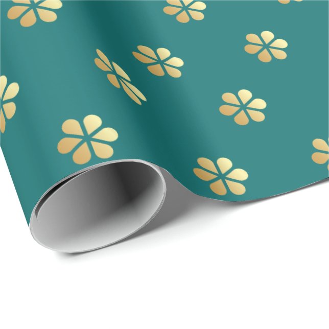 Papier Cadeau Festive Noël Turquoise & Gold Daisy (Coin rond)