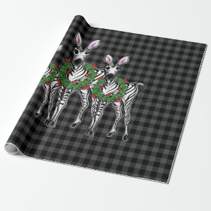 Papier Cadeau Festive Noël zèbres, xmas couronne, plaid gris