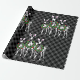 Papier Cadeau Festive Noël zèbres, xmas couronne, plaid gris