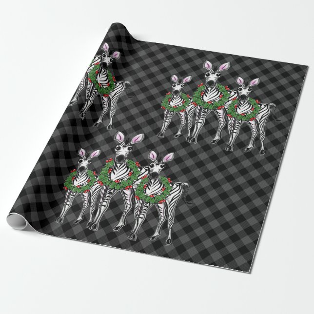 Papier Cadeau Festive Noël zèbres, xmas couronne, plaid gris (Déroulé)