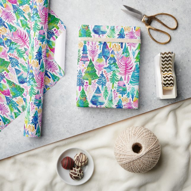 Papier Cadeau Festive Préppy arbres de Noël Motif (Artisanat)