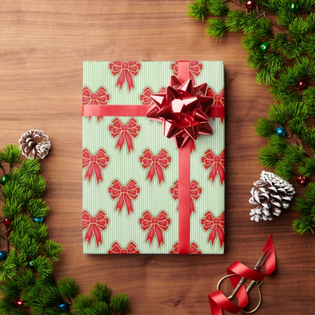 Papier Cadeau Festive Red Christmas Bows on Green Stripes (Cadeau de vacances)