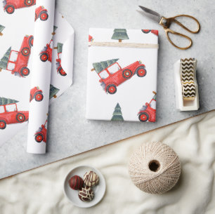 Papier Cadeau Festive Red Retro Voiture & Motif d'arbre de Noël