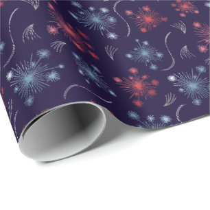 Papier Cadeau Festive Rouge, Bleu et Argent feux d'artifice